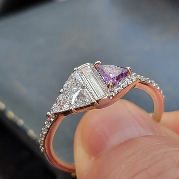 Rhodium Plated Simulated Amethyst and Diamond Ring - Size 9 - Geometric Glamour - Picture 4 of 7